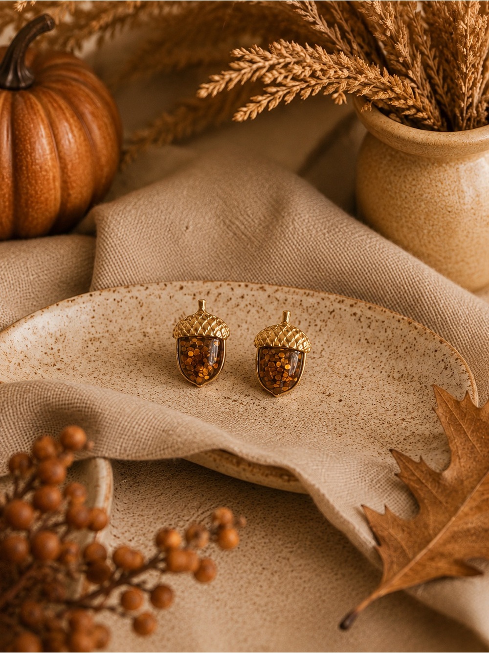 Gold Acorn Glitter Stud Earrings